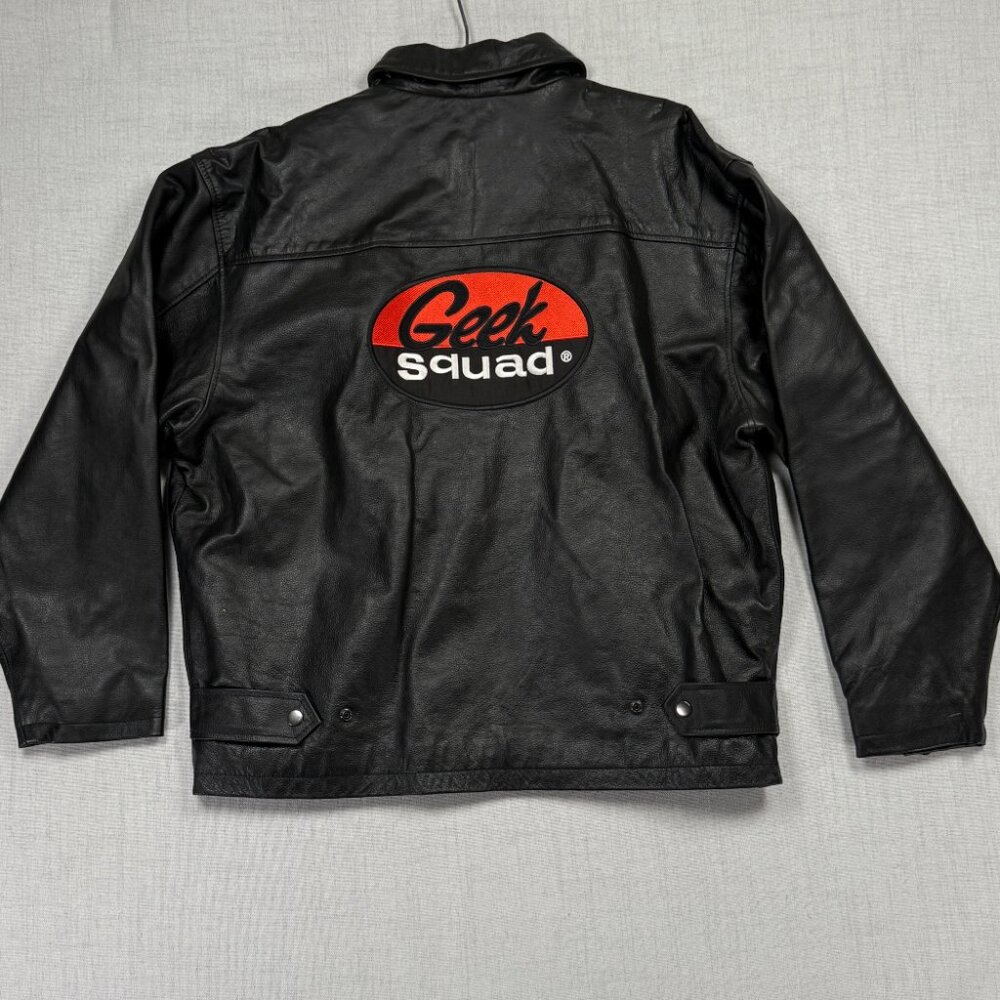 Geek Squad Leather Racing Stripe Jacket Black Orange Cream PC Techies Size L